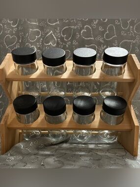 NWT Core Bamboo, Spice Rack with 8 Clear Jars and Black Lids